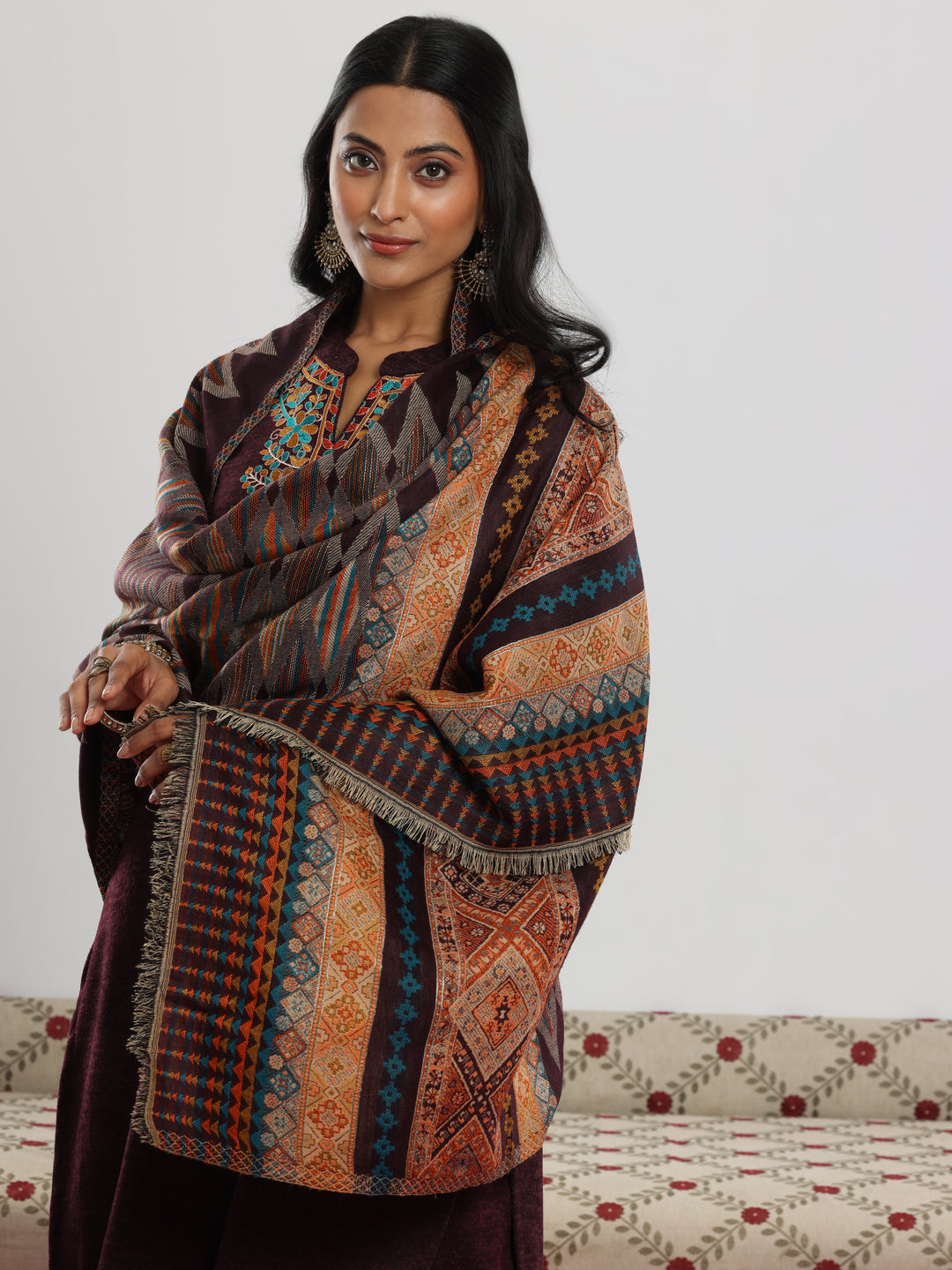 Wine Embroidered Wool Blend Straight Suit With Dupatta