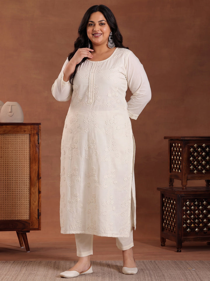 Plus Size Off White Embroidered Cotton Straight Suit With Dupatta
