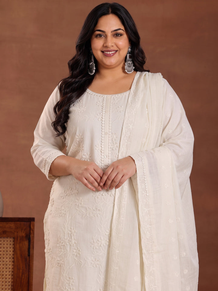 Plus Size Off White Embroidered Cotton Straight Suit With Dupatta