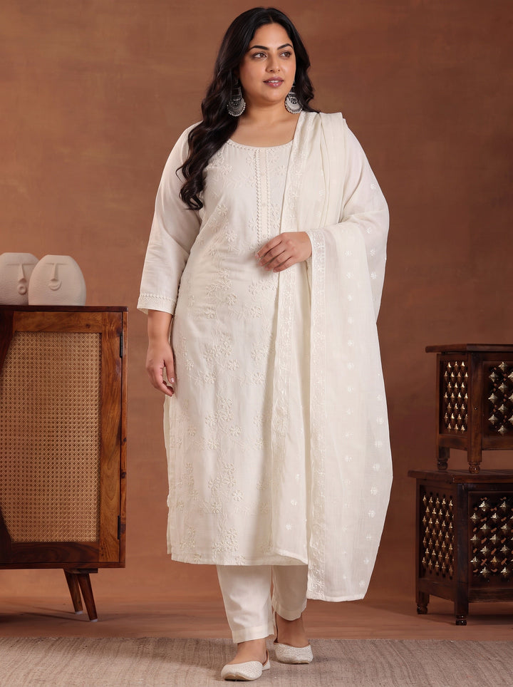 Plus Size Off White Embroidered Cotton Straight Suit With Dupatta
