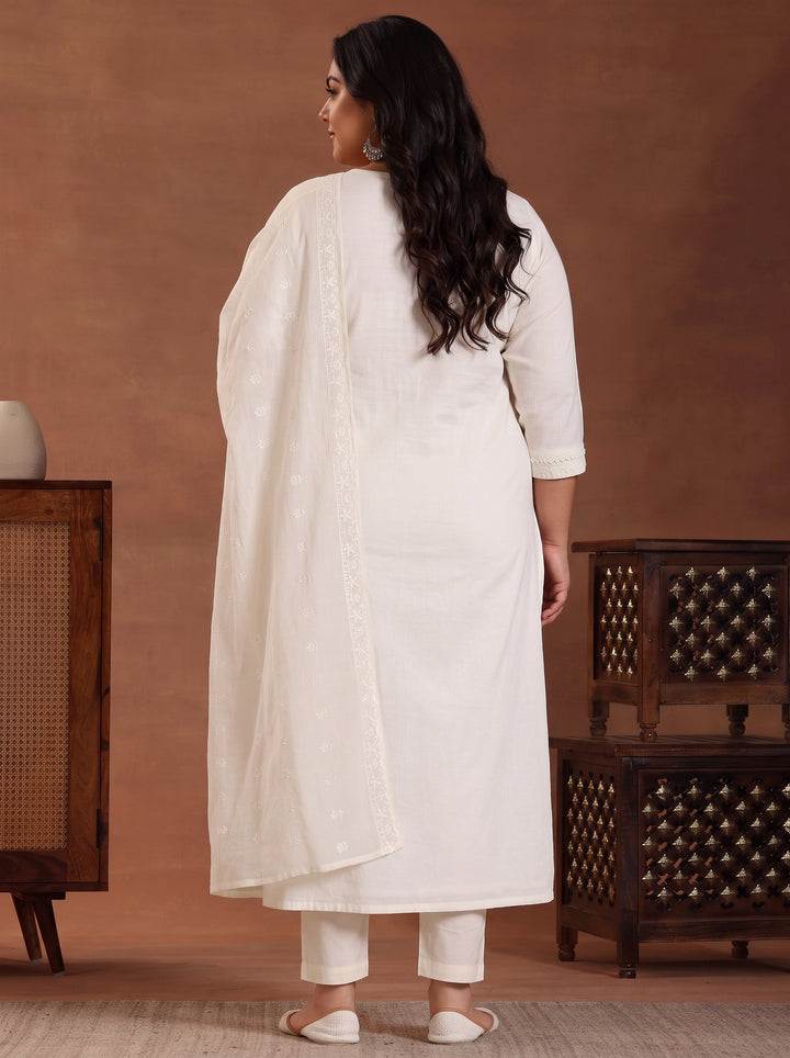 Plus Size Off White Embroidered Cotton Straight Suit With Dupatta