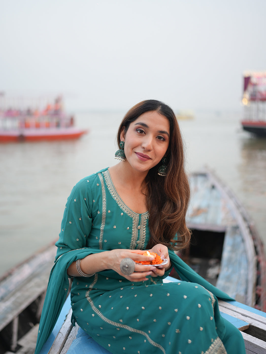 Rama Embroidered Georgette Straight Suit With Dupatta