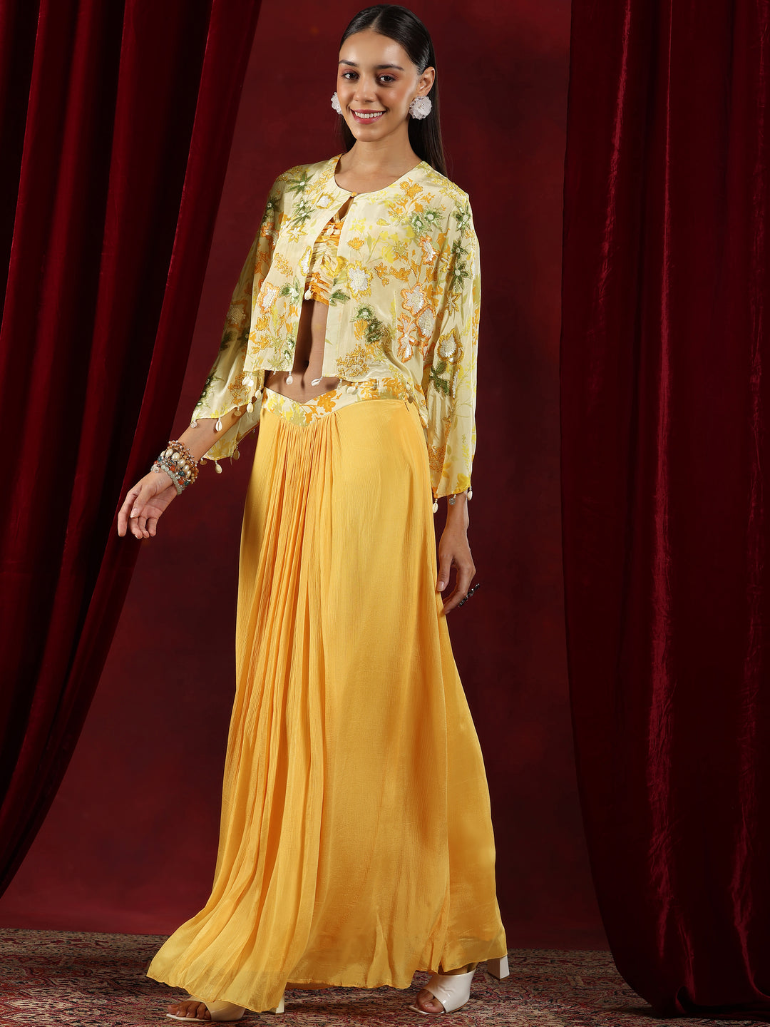 Libas Art Yellow Printed Silk Blend 3 Piece Co-Ords