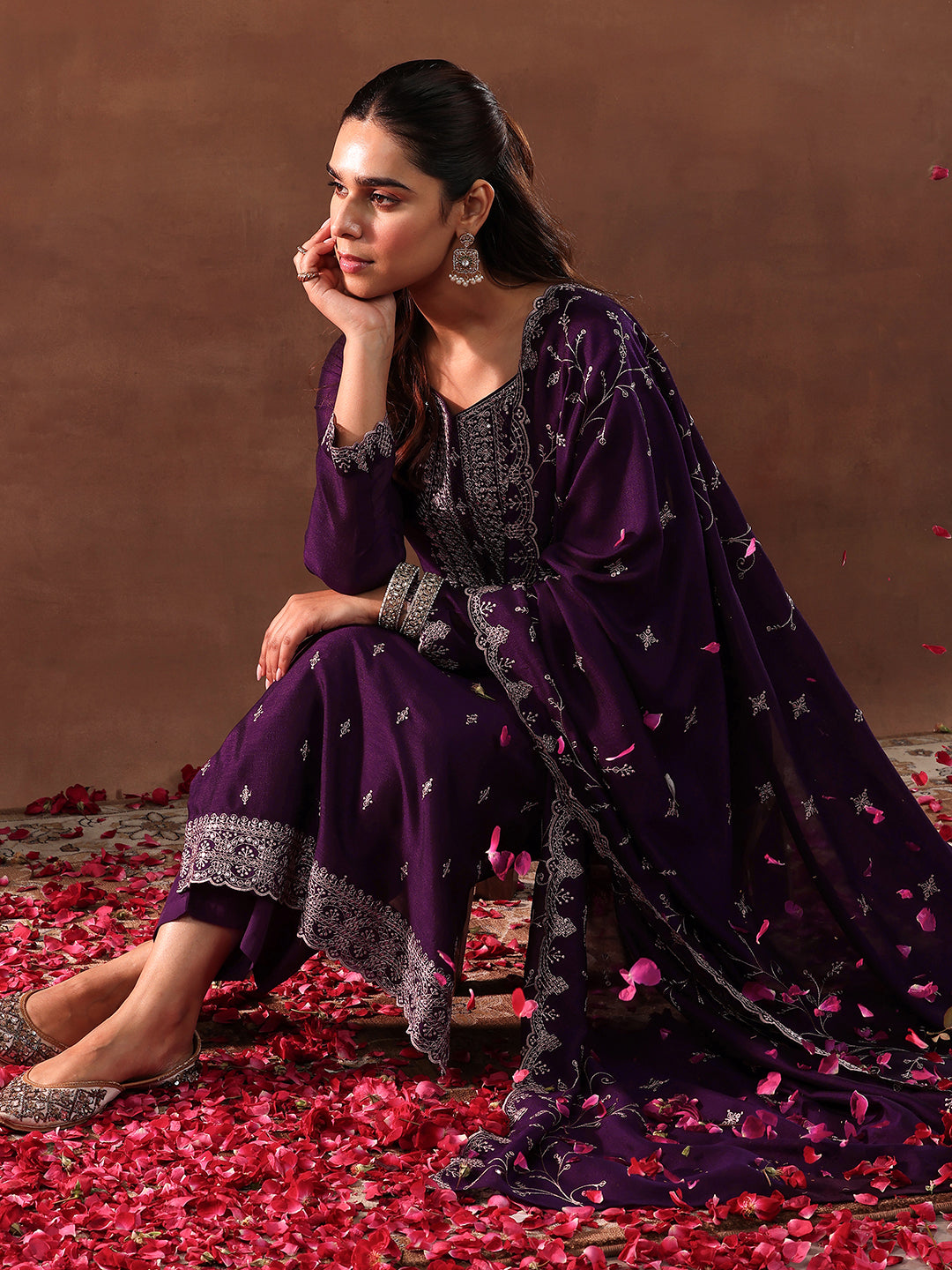 Wine Embroidered Silk Blend Straight Suit With Dupatta