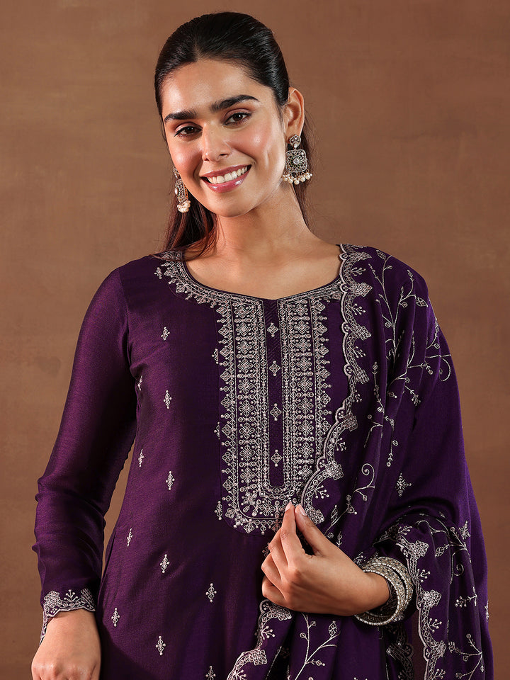 Wine Embroidered Silk Blend Straight Suit With Dupatta