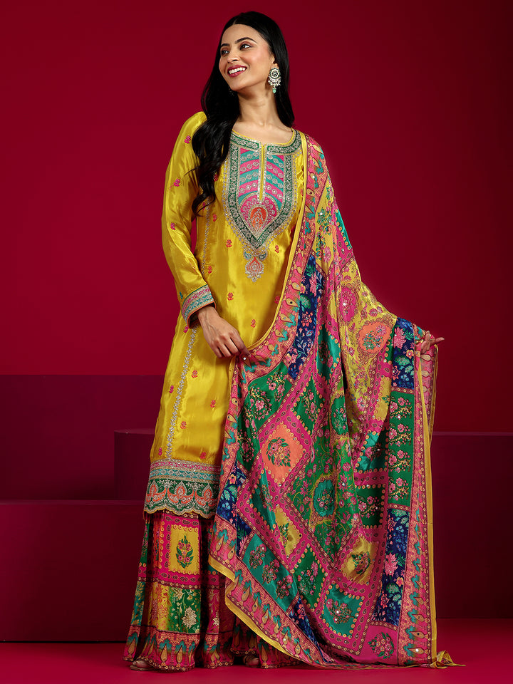 Libas Art Mustard Embroidered Silk Blend Straight Suit With Dupatta