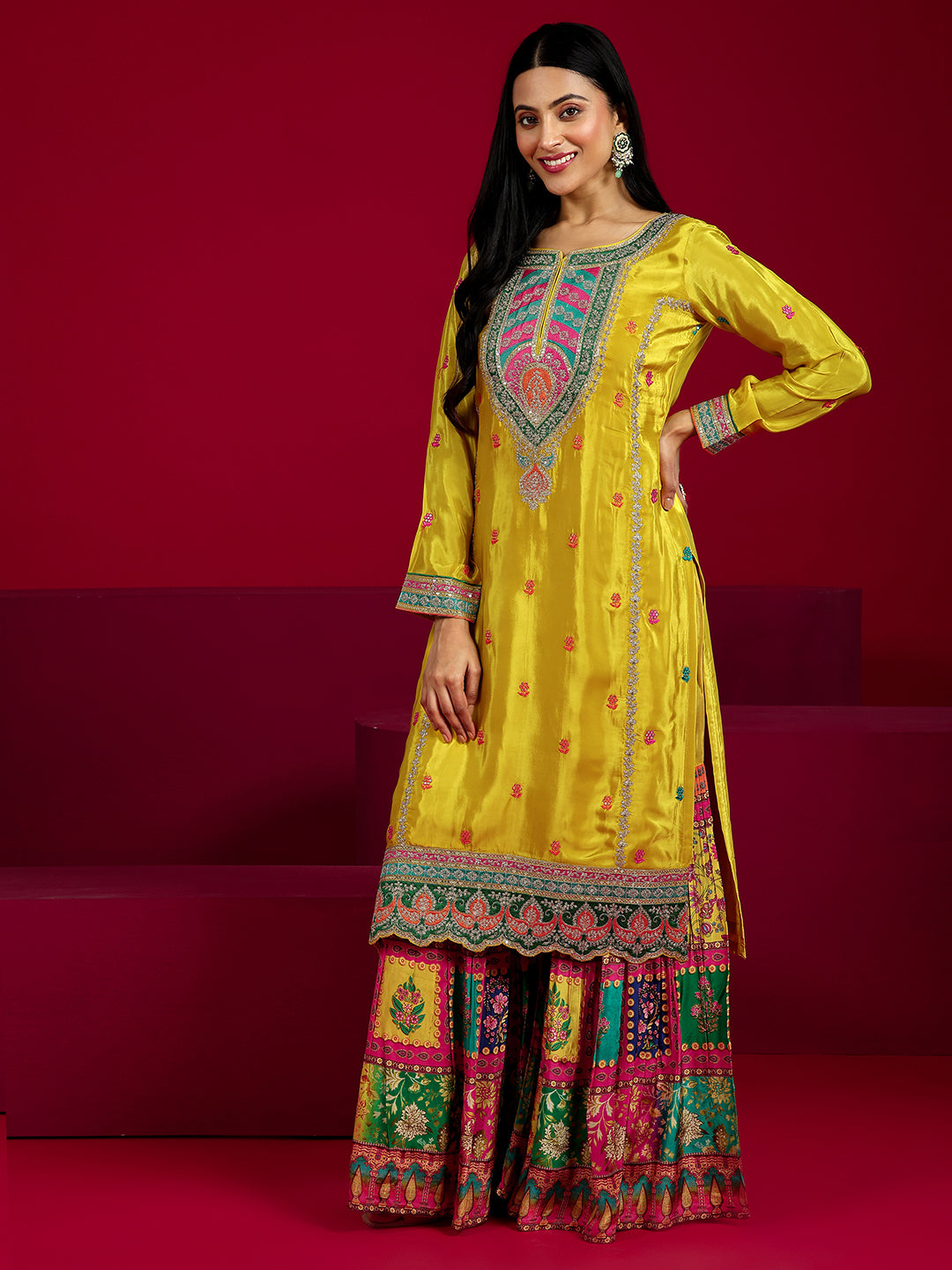 Libas Art Mustard Embroidered Silk Blend Straight Suit With Dupatta