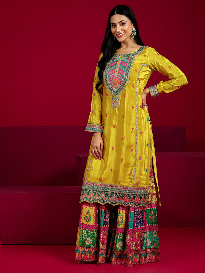 Libas Art Mustard Embroidered Silk Blend Straight Suit With Dupatta
