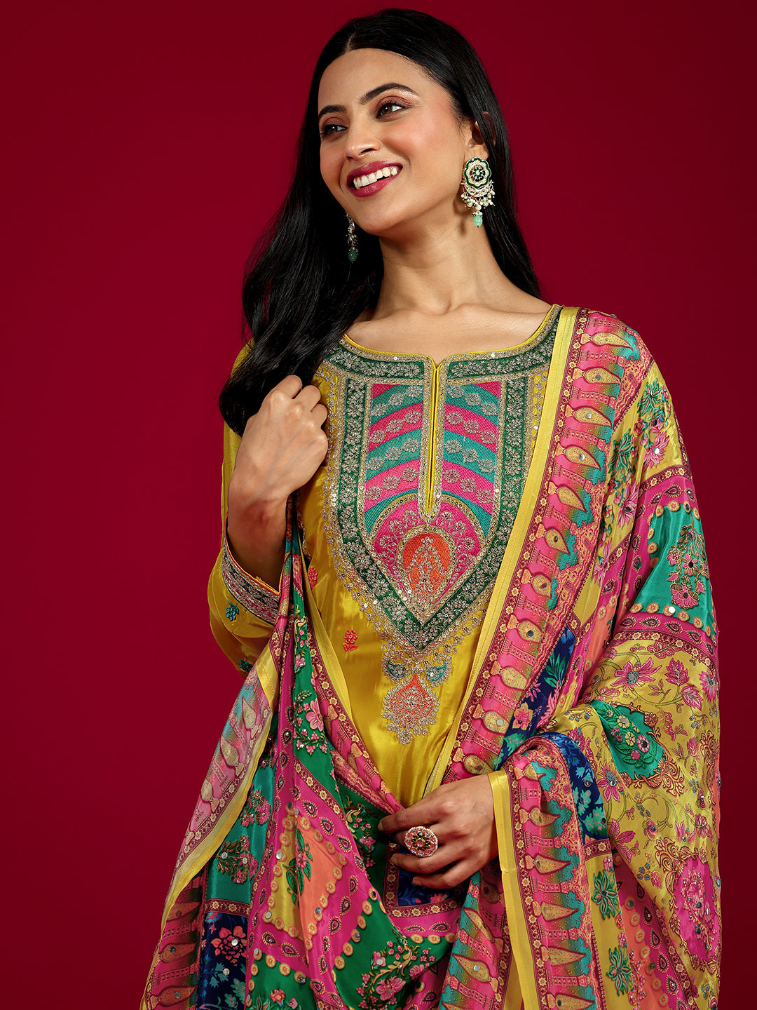 Libas Art Mustard Embroidered Silk Blend Straight Suit With Dupatta