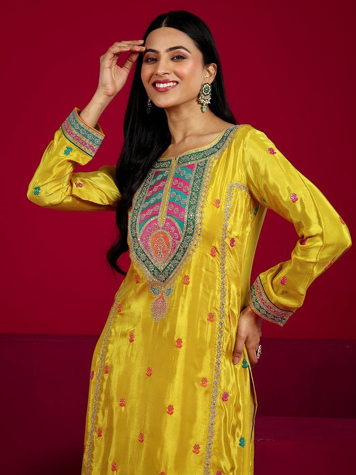 Libas Art Mustard Embroidered Silk Blend Straight Suit With Dupatta