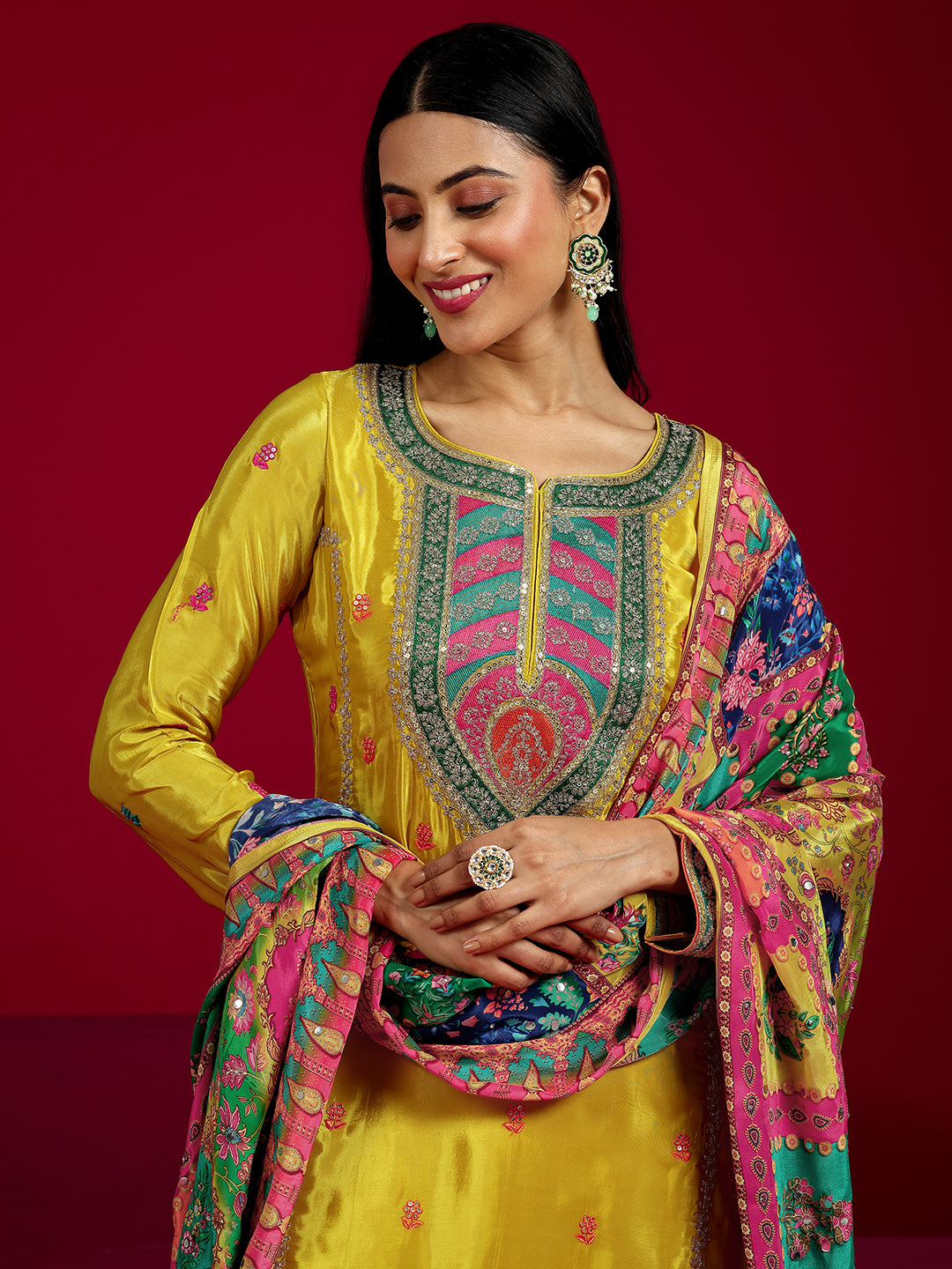 Libas Art Mustard Embroidered Silk Blend Straight Suit With Dupatta