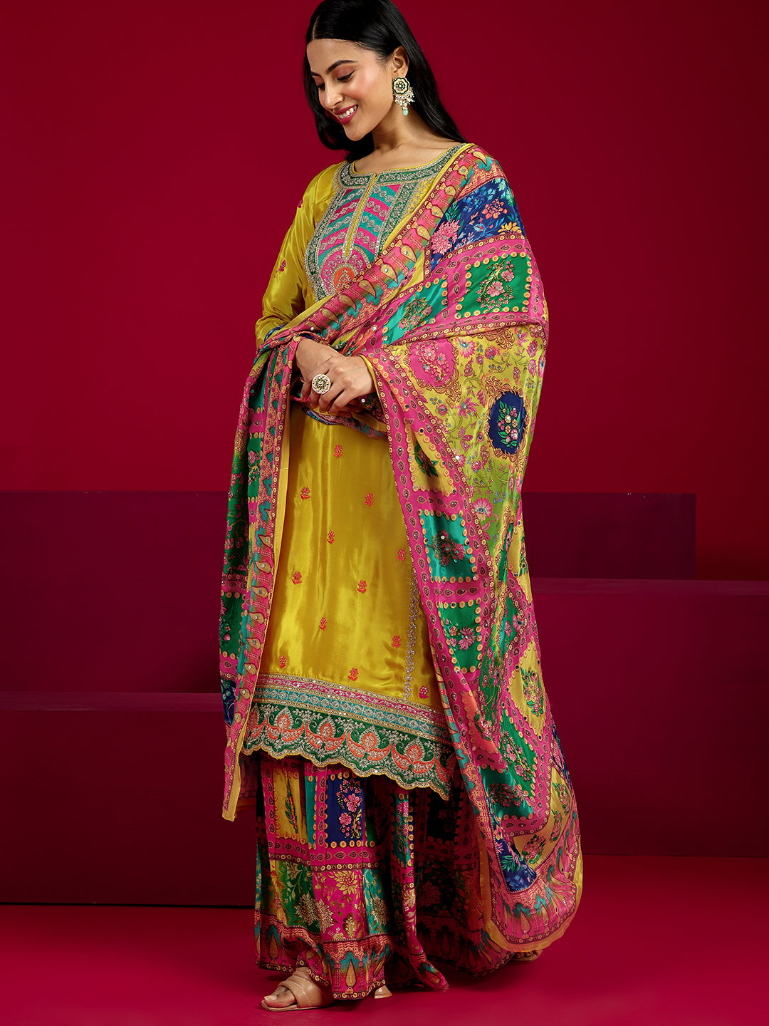 Libas Art Mustard Embroidered Silk Blend Straight Suit With Dupatta