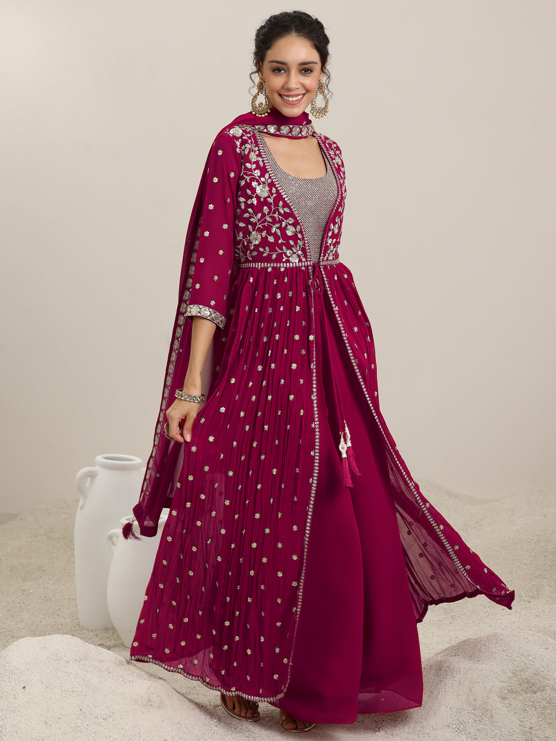 Pink Embellished Georgette Co-Ords With Shrug
