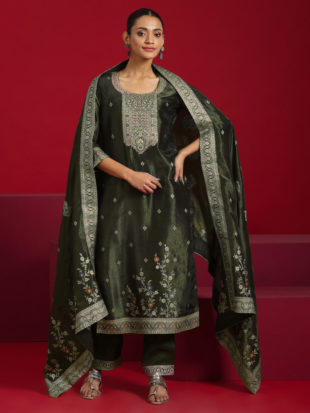 Libas Art Olive Woven Design Silk Blend Straight Suit With Dupatta
