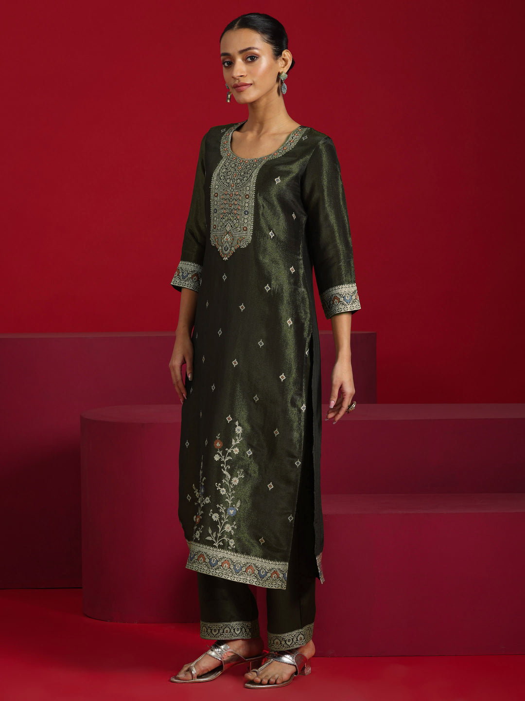 Libas Art Olive Woven Design Silk Blend Straight Suit With Dupatta