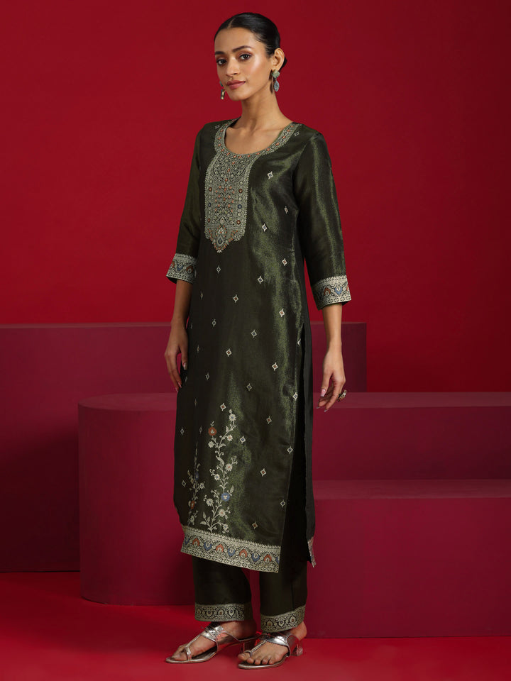 Libas Art Olive Woven Design Silk Blend Straight Suit With Dupatta