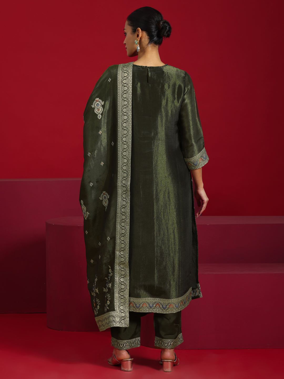 Libas Art Olive Woven Design Silk Blend Straight Suit With Dupatta