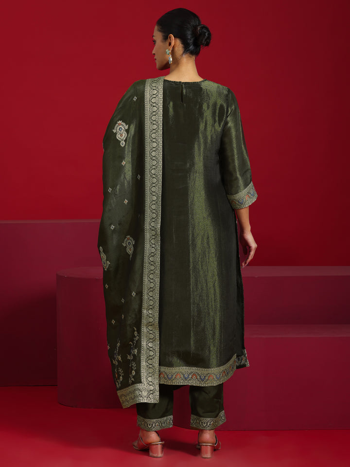 Libas Art Olive Woven Design Silk Blend Straight Suit With Dupatta