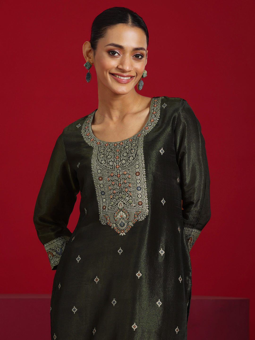 Libas Art Olive Woven Design Silk Blend Straight Suit With Dupatta