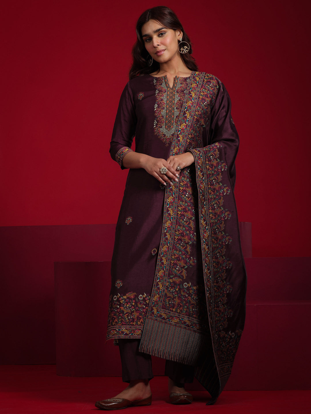 Libas Art Maroon Woven Design Silk Blend Straight Suit With Dupatta