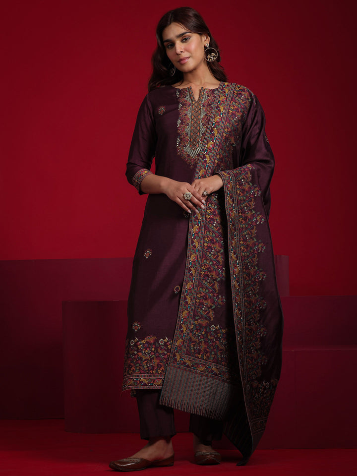 Libas Art Maroon Woven Design Silk Blend Straight Suit With Dupatta