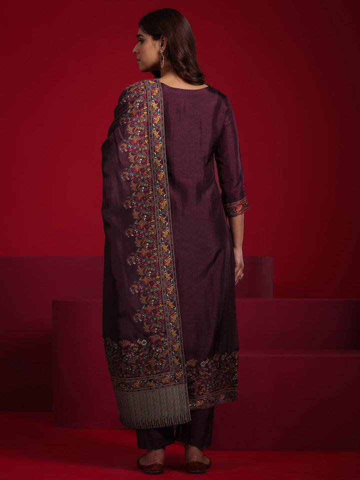 Libas Art Maroon Woven Design Silk Blend Straight Suit With Dupatta