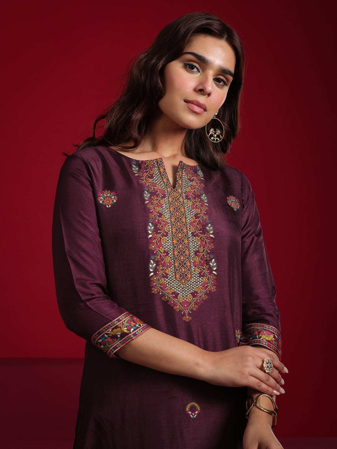 Libas Art Maroon Woven Design Silk Blend Straight Suit With Dupatta
