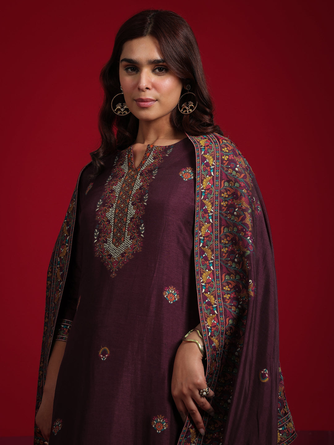 Libas Art Maroon Woven Design Silk Blend Straight Suit With Dupatta