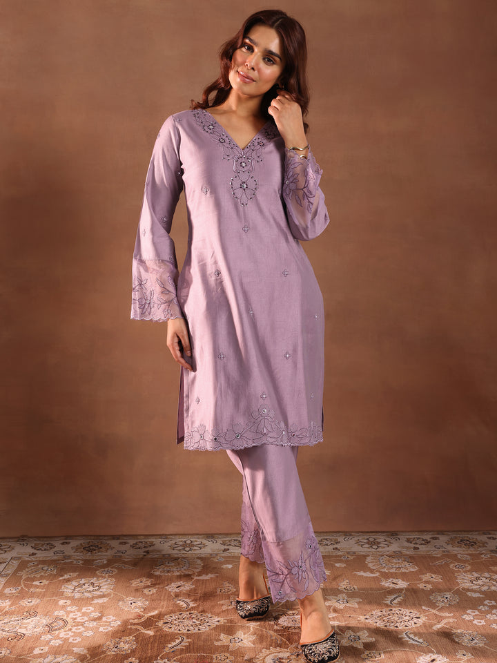 Mauve Embroidered Silk Blend Straight Kurta Set