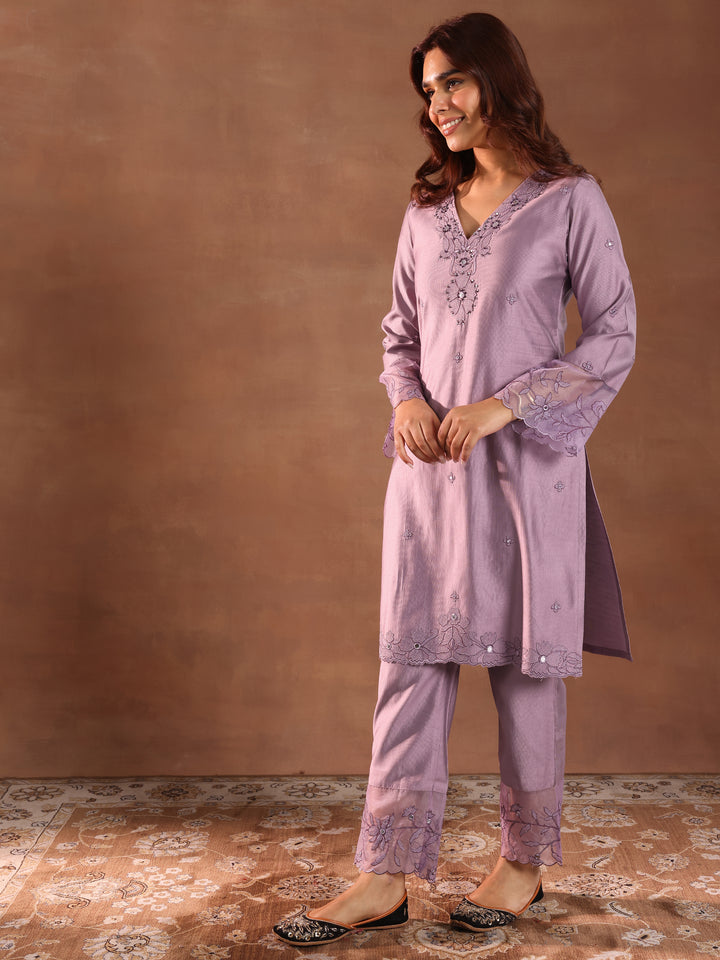 Mauve Embroidered Silk Blend Straight Kurta Set