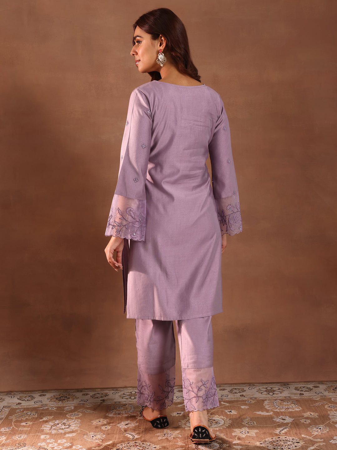 Mauve Embroidered Silk Blend Straight Kurta Set