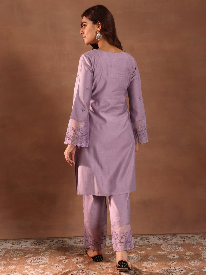 Mauve Embroidered Silk Blend Straight Kurta Set