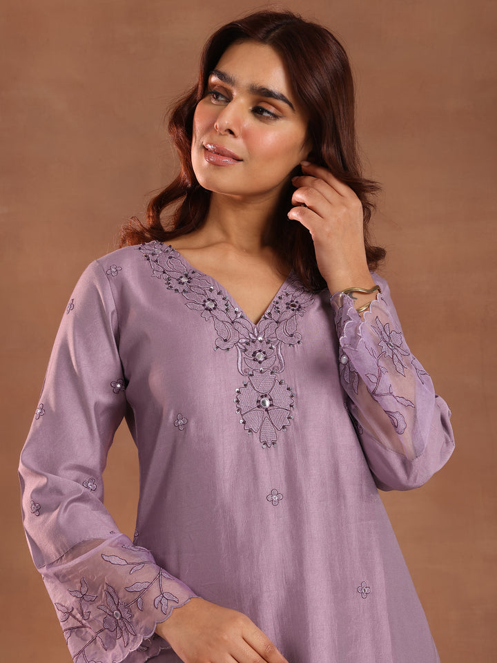 Mauve Embroidered Silk Blend Straight Kurta Set