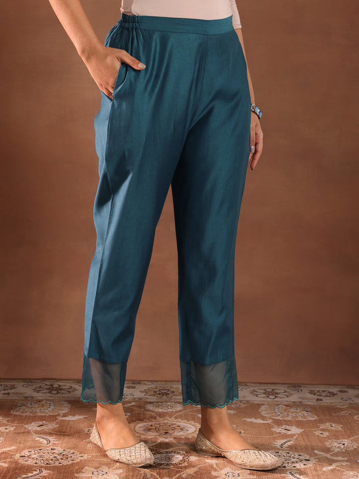 Blue Embroidered Silk Blend Straight Kurta Set