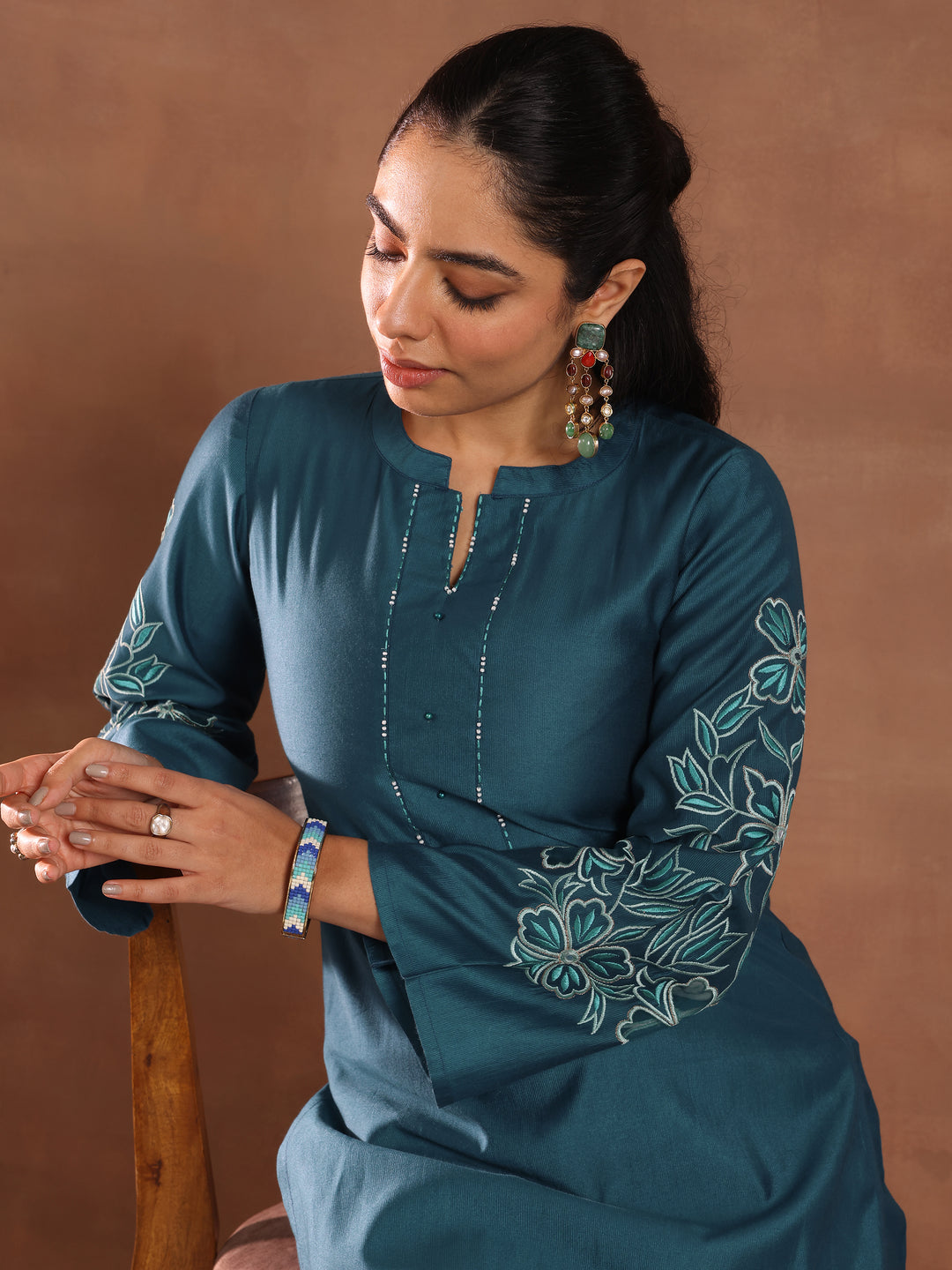 Blue Embroidered Silk Blend Straight Kurta Set