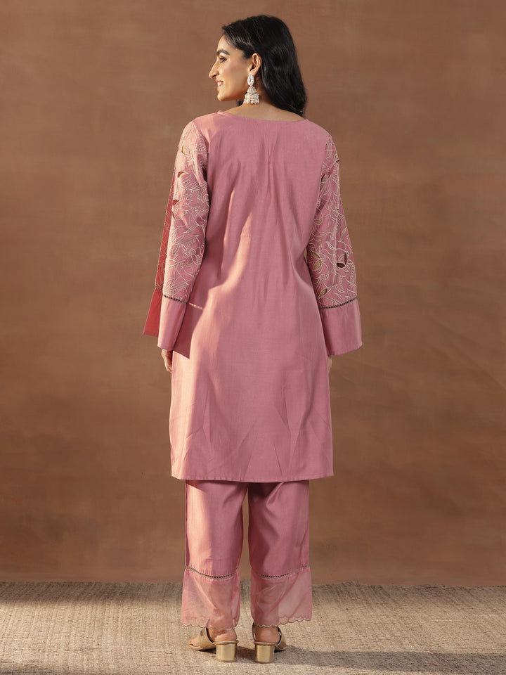 Peach Embroidered Silk Blend Straight Kurta Set