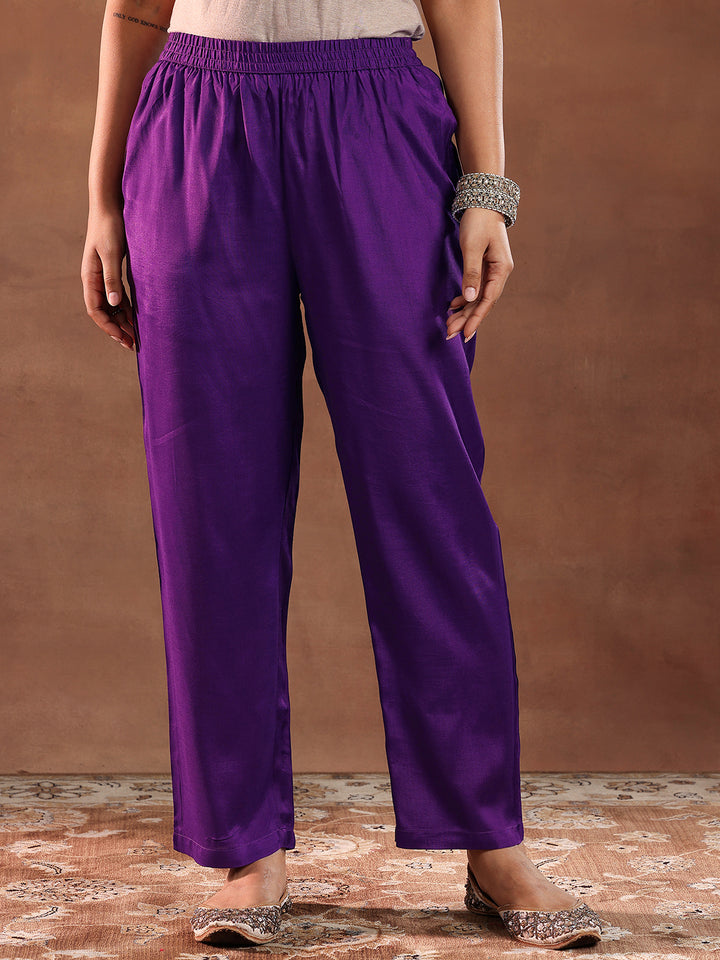 Purple Printed Silk Blend Straight Suit With Dupatta
