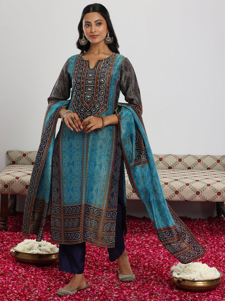 Blue Printed Silk Blend Straight Suit With Dupatta