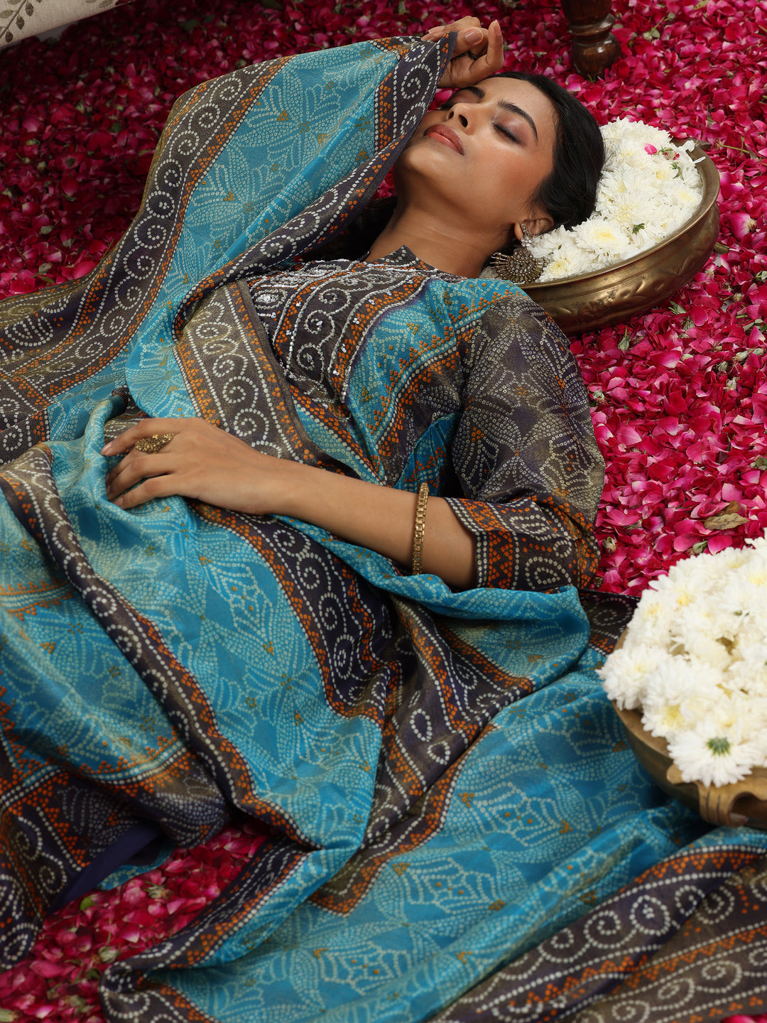 Blue Printed Silk Blend Straight Suit With Dupatta