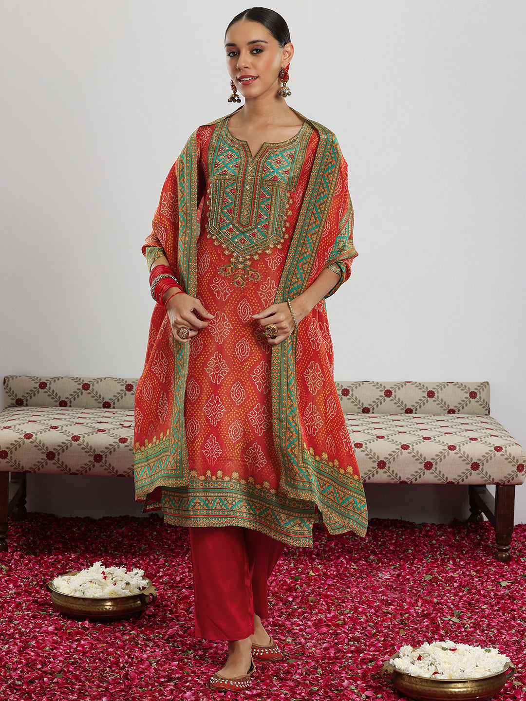 Orange Printed Silk Blend Straight Suit With Dupatta
