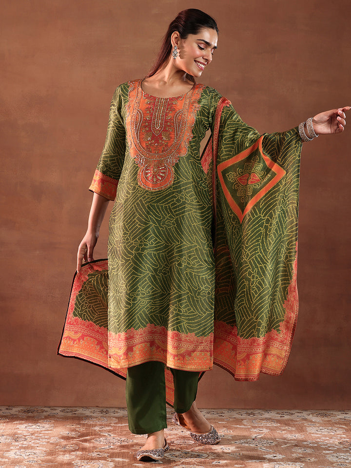 Green Printed Silk Blend Straight Suit With Dupatta