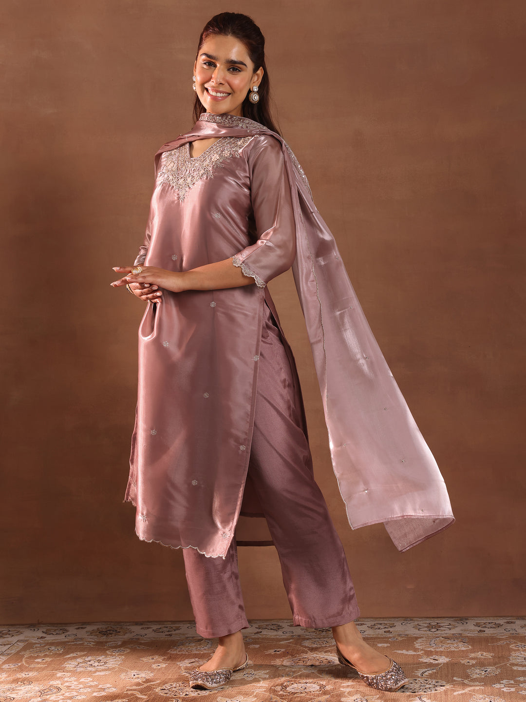 Mauve Yoke Design Tissue Straight Suit With Dupatta