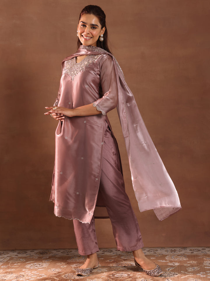 Mauve Yoke Design Tissue Straight Suit With Dupatta