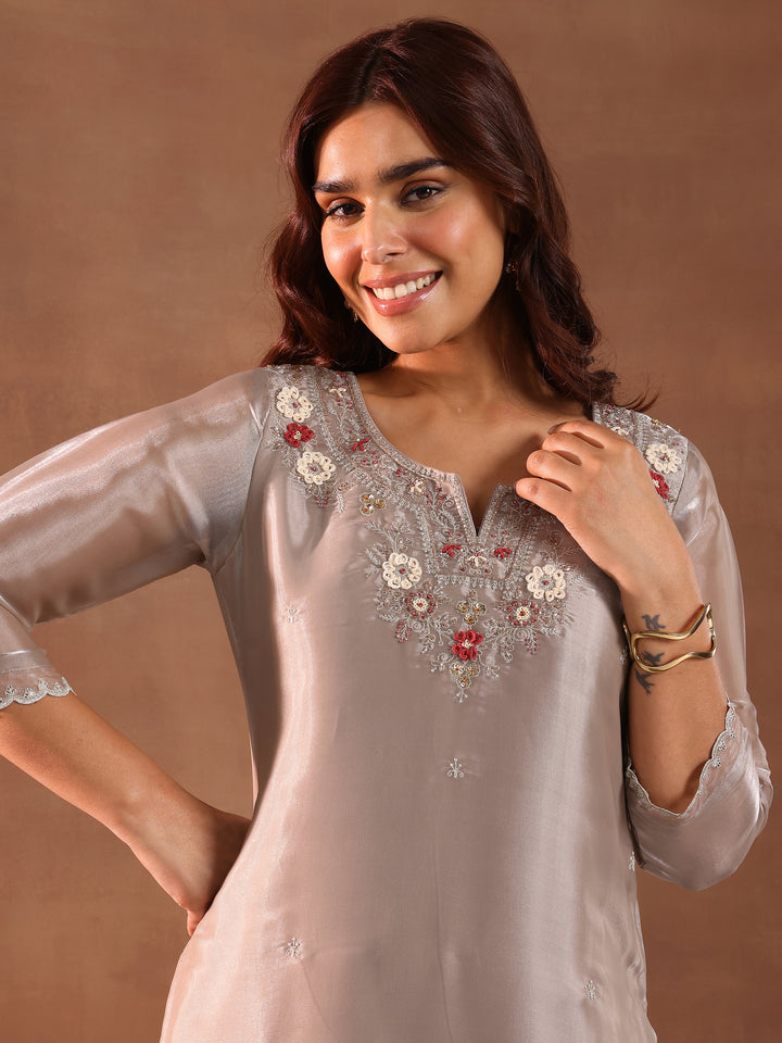 Taupe Yoke Design Tissue Straight Suit With Dupatta