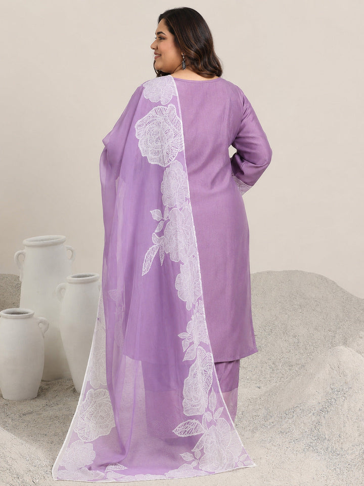 Plus Size Purple Yoke Design Silk Blend Straight Suit Set With Dupatta