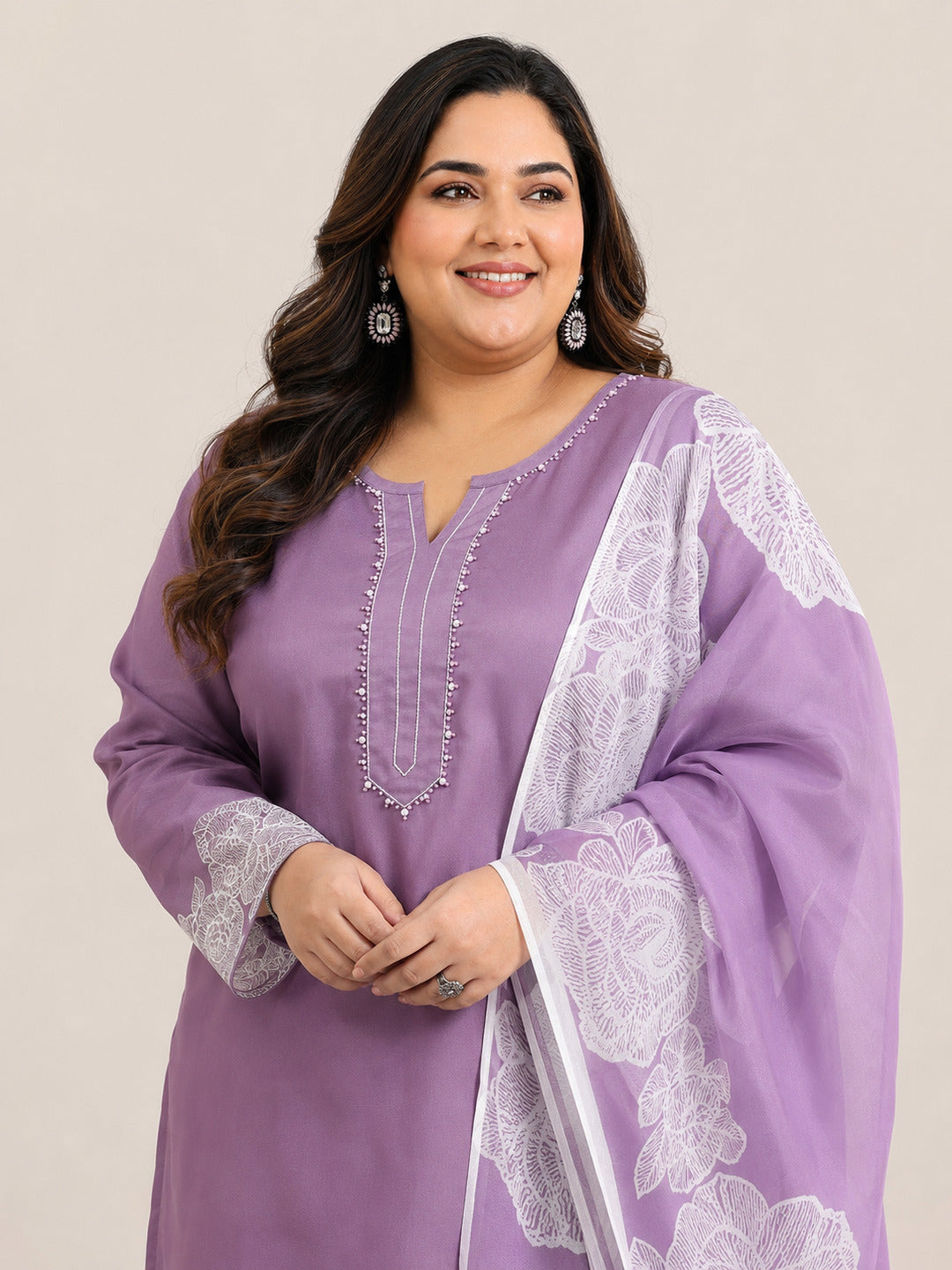 Plus Size Purple Yoke Design Silk Blend Straight Suit Set With Dupatta