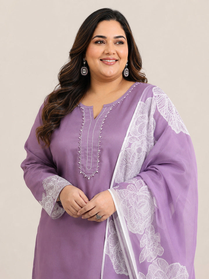 Plus Size Purple Yoke Design Silk Blend Straight Suit Set With Dupatta