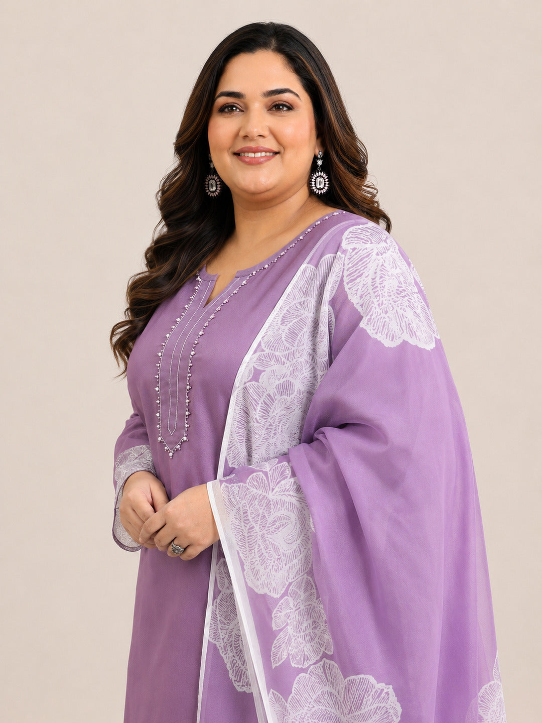 Plus Size Purple Yoke Design Silk Blend Straight Suit Set With Dupatta