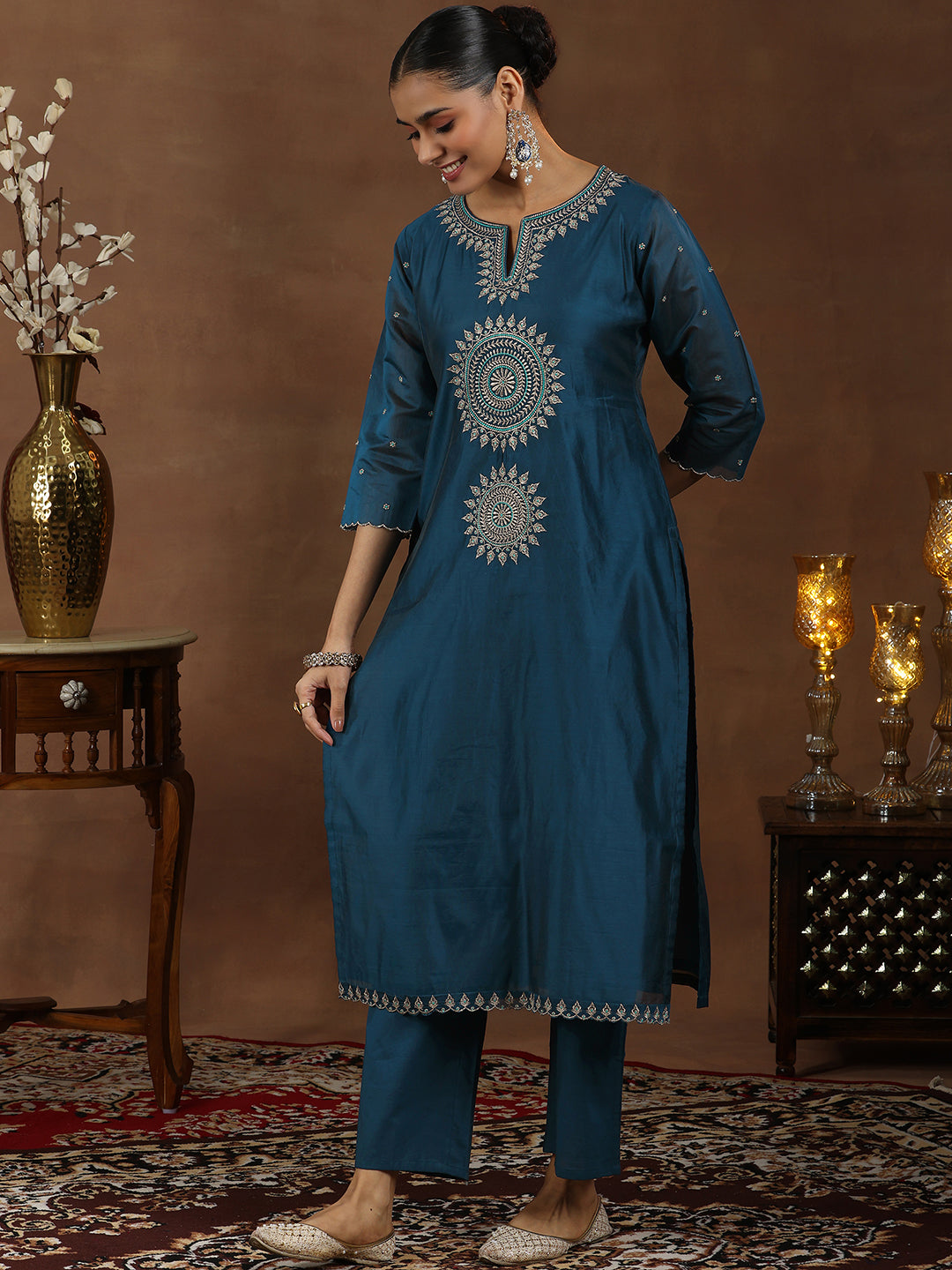 Navy Blue Embroidered Chanderi Silk Straight Suit With Dupatta