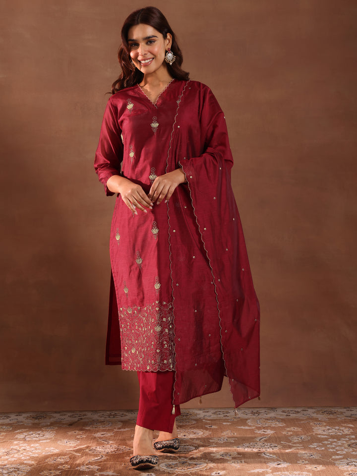 Maroon Embroidered Chanderi Silk Straight Suit With Dupatta